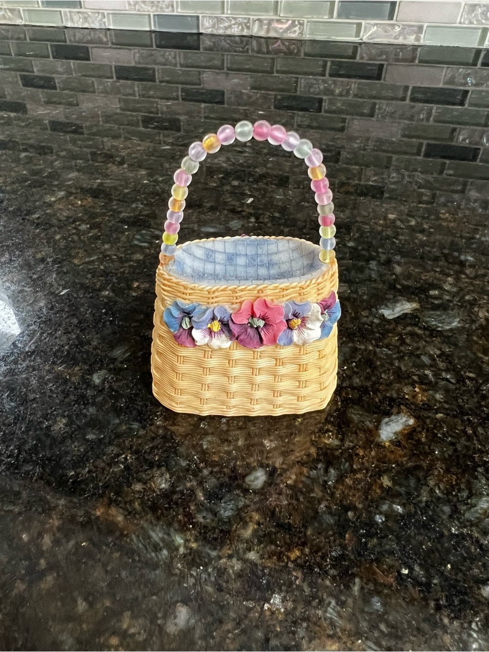 Handbag Collectible Floral Beaded Handle Basket - Pink, Blue & Yellow